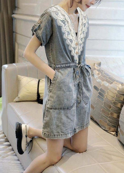 Blue V Neck Lace Patchwork Tie Waist Holiday Mid Dress Short Sleeve