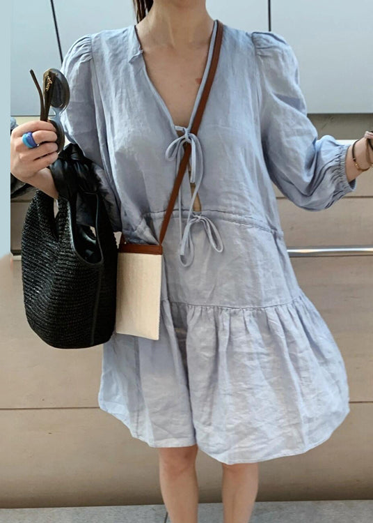 Blue V Neck Lace Up Linen Mid Dress Bracelet Sleeve