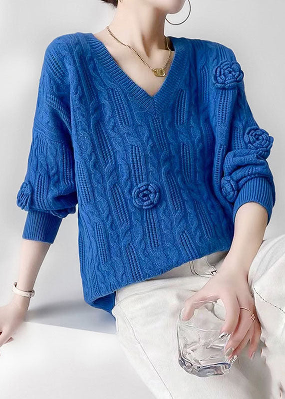 Blue V Neck Oversized Cable Knit Sweater Winter