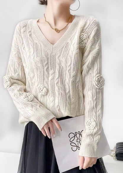 Blue V Neck Oversized Cable Knit Sweater Winter