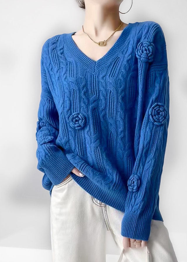 Blue V Neck Oversized Cable Knit Sweater Winter