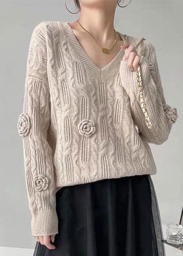 Blue V Neck Oversized Cable Knit Sweater Winter
