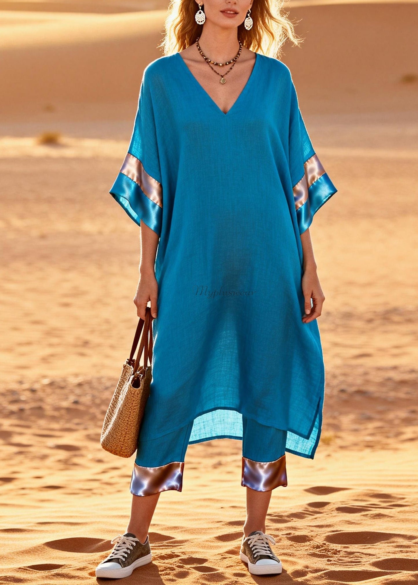 Blue V Neck Patchwork Linen Silk Two Pieces Set Summer