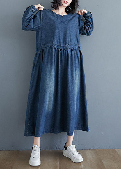 Blue V-neck Pockets Wrinkled Patchwork Denim Dress Fall