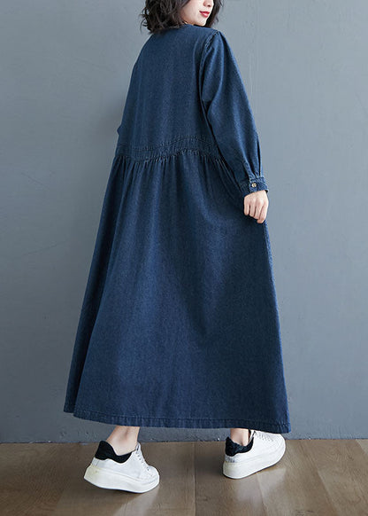 Blue V-neck Pockets Wrinkled Patchwork Denim Dress Fall