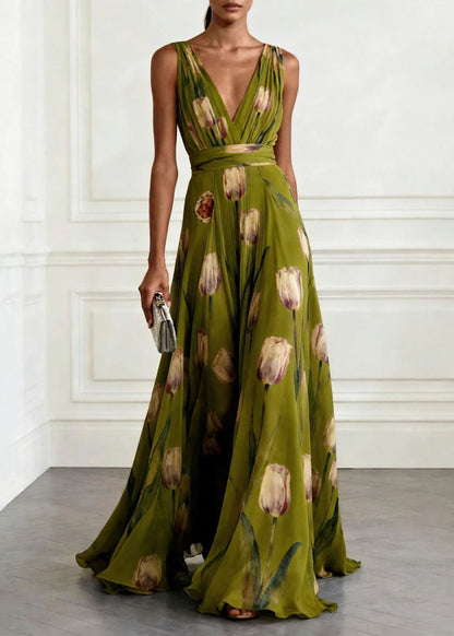 Blue V Neck Print Chiffon Long Dress Sleeveless