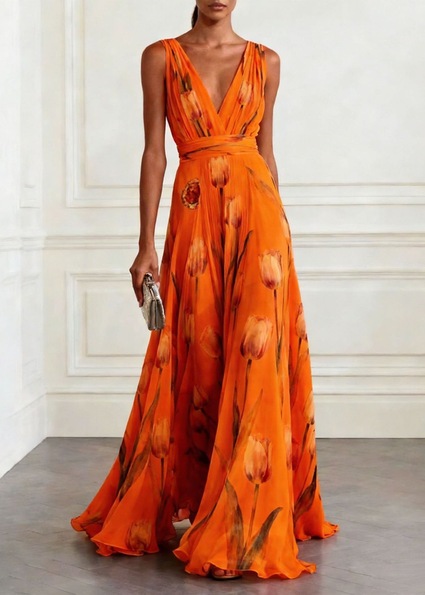 Blue V Neck Print Chiffon Long Dress Sleeveless