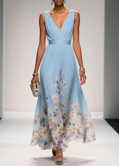 Blue V Neck Print Chiffon Long Dress Summer