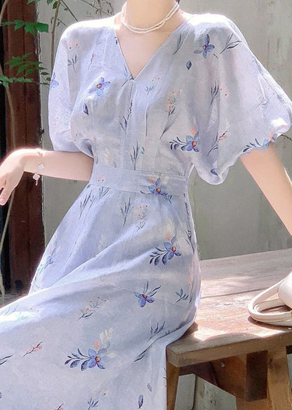 Blue V Neck Print Cotton Long Dress Summer