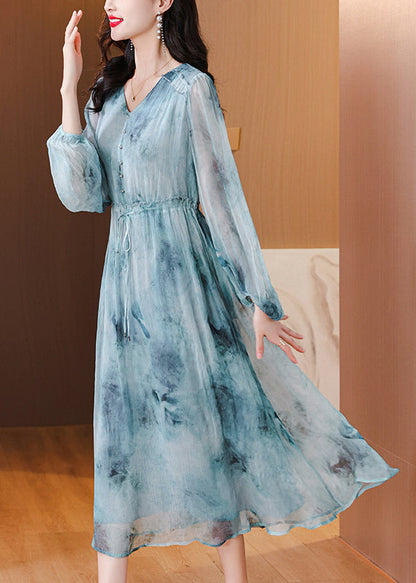 Blue V Neck Print Drawstring Silk Dress Lantern Sleeve