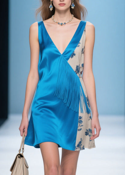Blue V Neck Print Patchwork Silk Dresses Summer