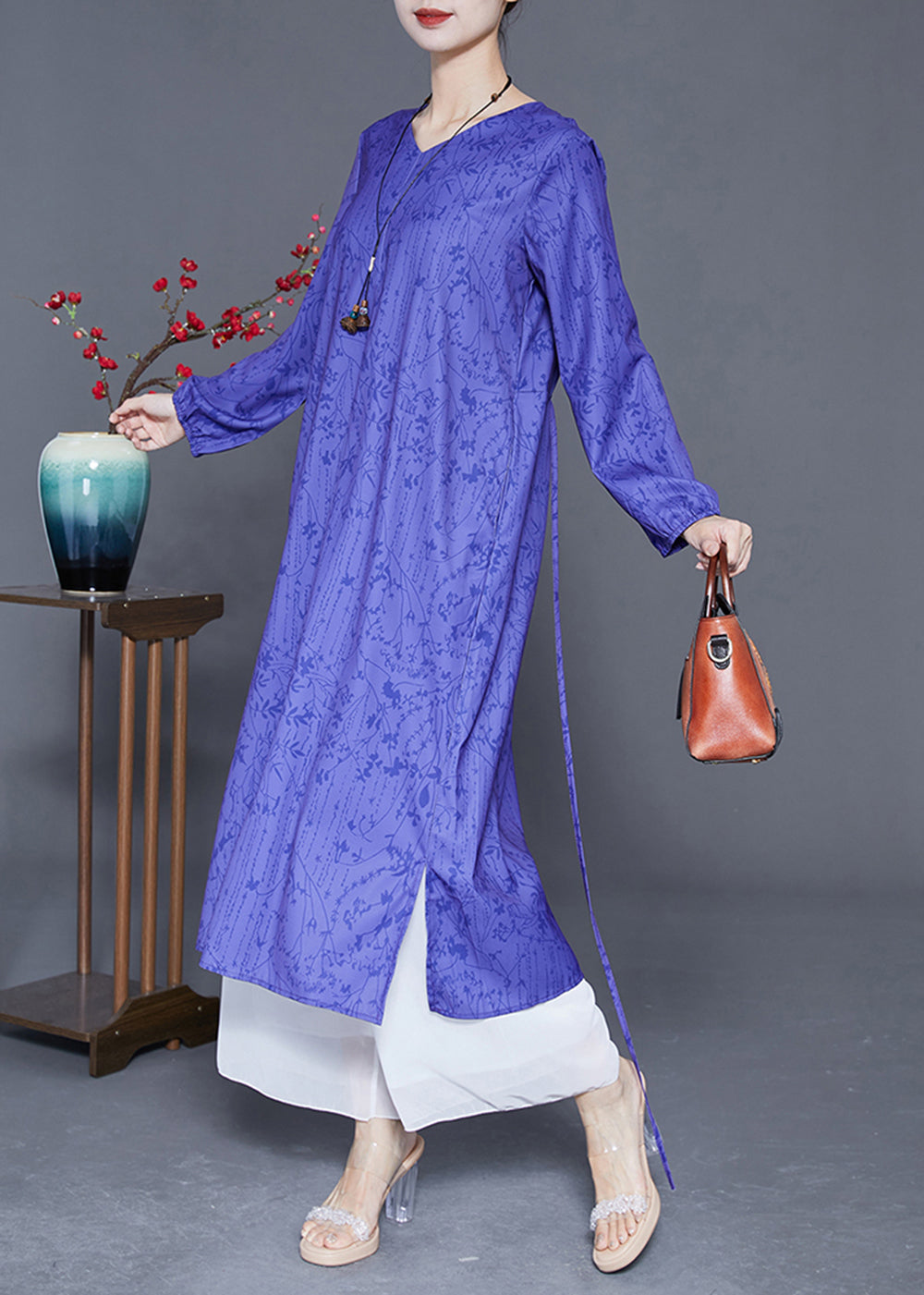 Blue V Neck Print Side Open Silk Cinched Dress Summer