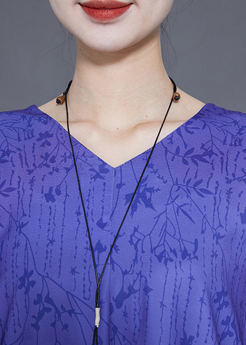 Blue V Neck Print Side Open Silk Cinched Dress Summer