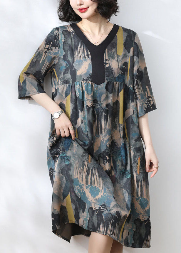 Blue V Neck Print Wrinkled Patchwork Silk Dress Summer