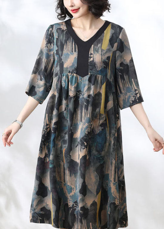Blue V Neck Print Wrinkled Patchwork Silk Dress Summer