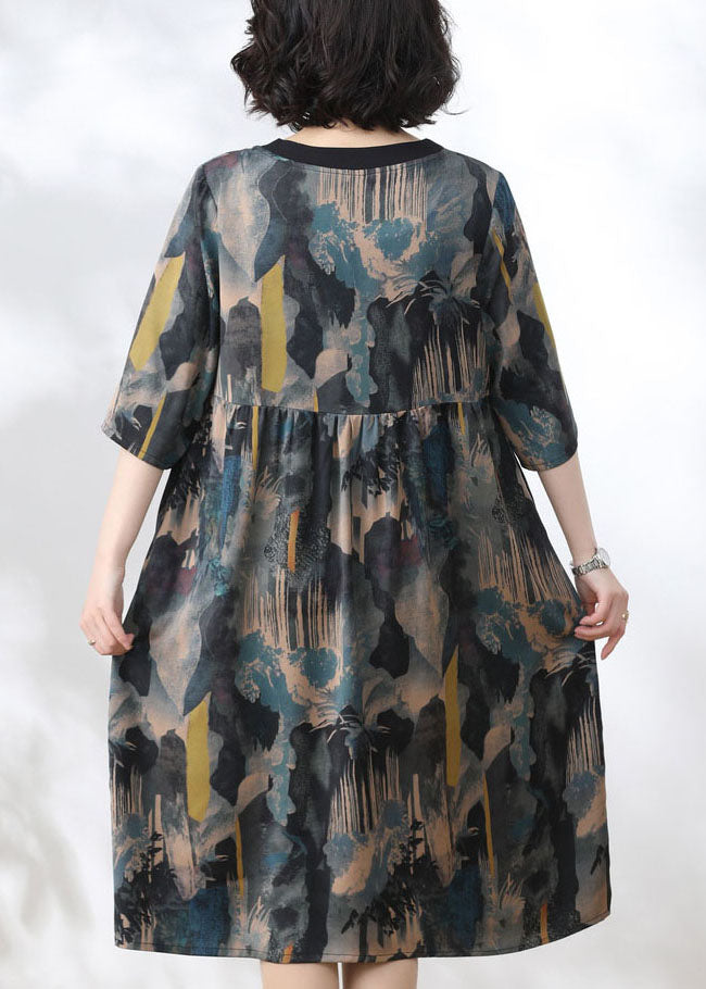Blue V Neck Print Wrinkled Patchwork Silk Dress Summer