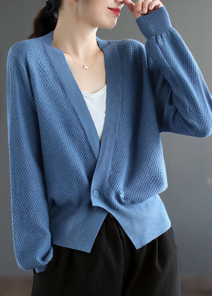 Blue V Neck Button Knit Cardigan Fall