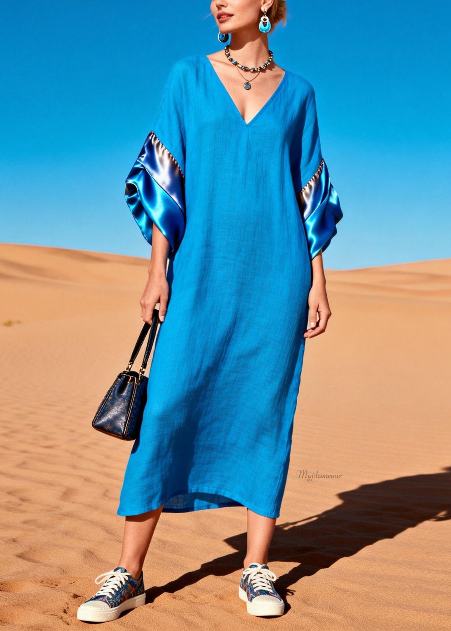 Blue V Neck Silk Patchwork Dress Summer