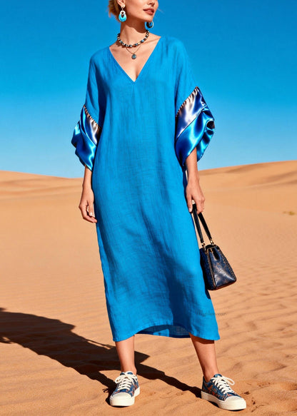 Blue V Neck Silk Patchwork Dress Summer