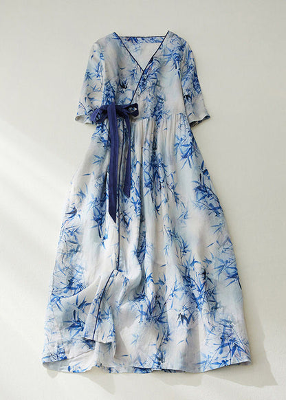Blue V Neck Tie Waist Print Linen Cinched Dress Summer