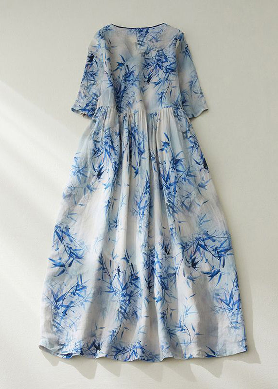 Blue V Neck Tie Waist Print Linen Cinched Dress Summer