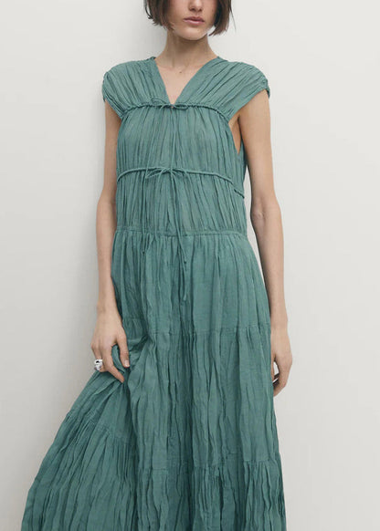 Blue V Neck Wrinkled Lace Up Cotton Long Dresses Summer
