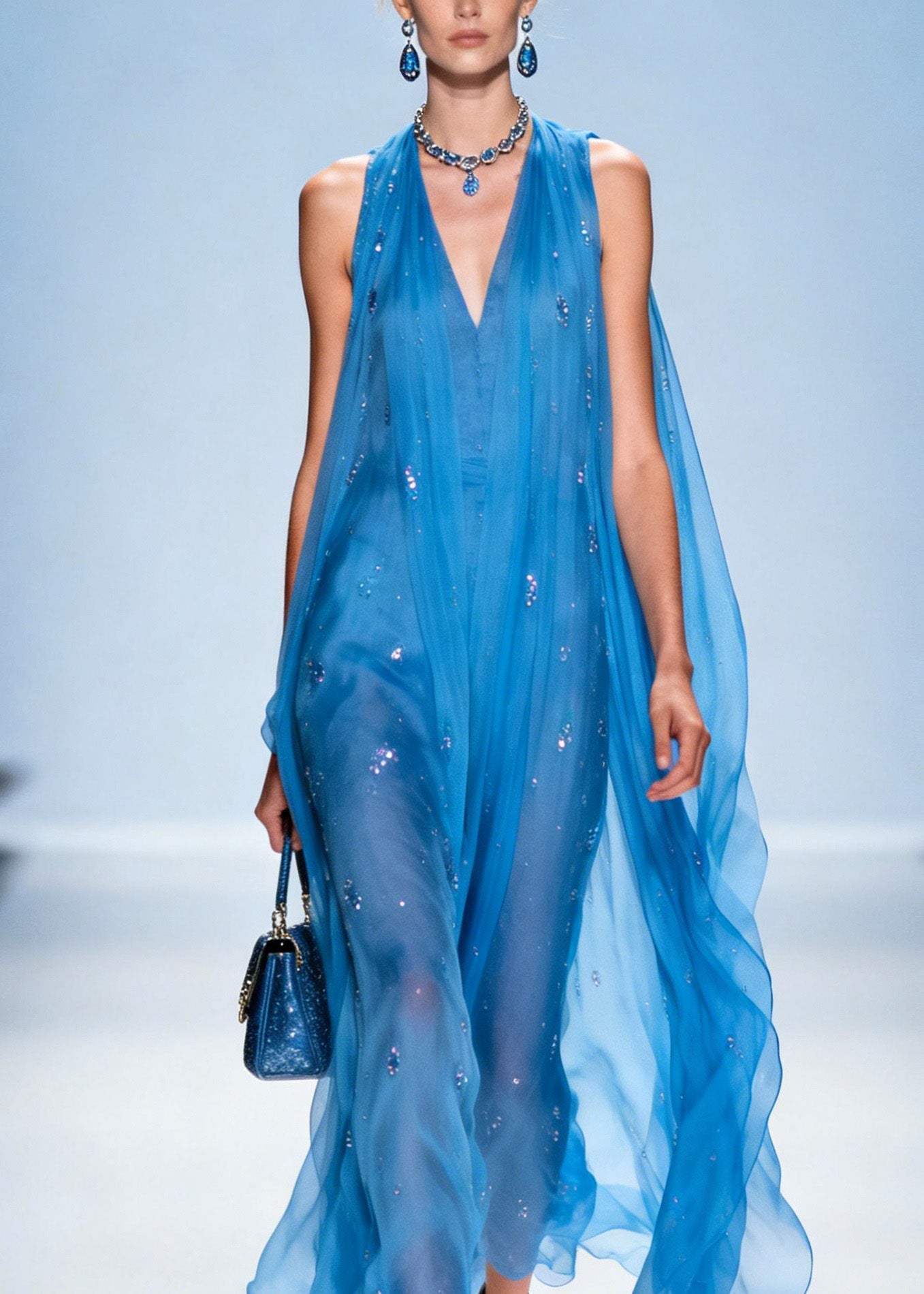 Blue V Neck Zircon Chiffon Dresses Sleeveless