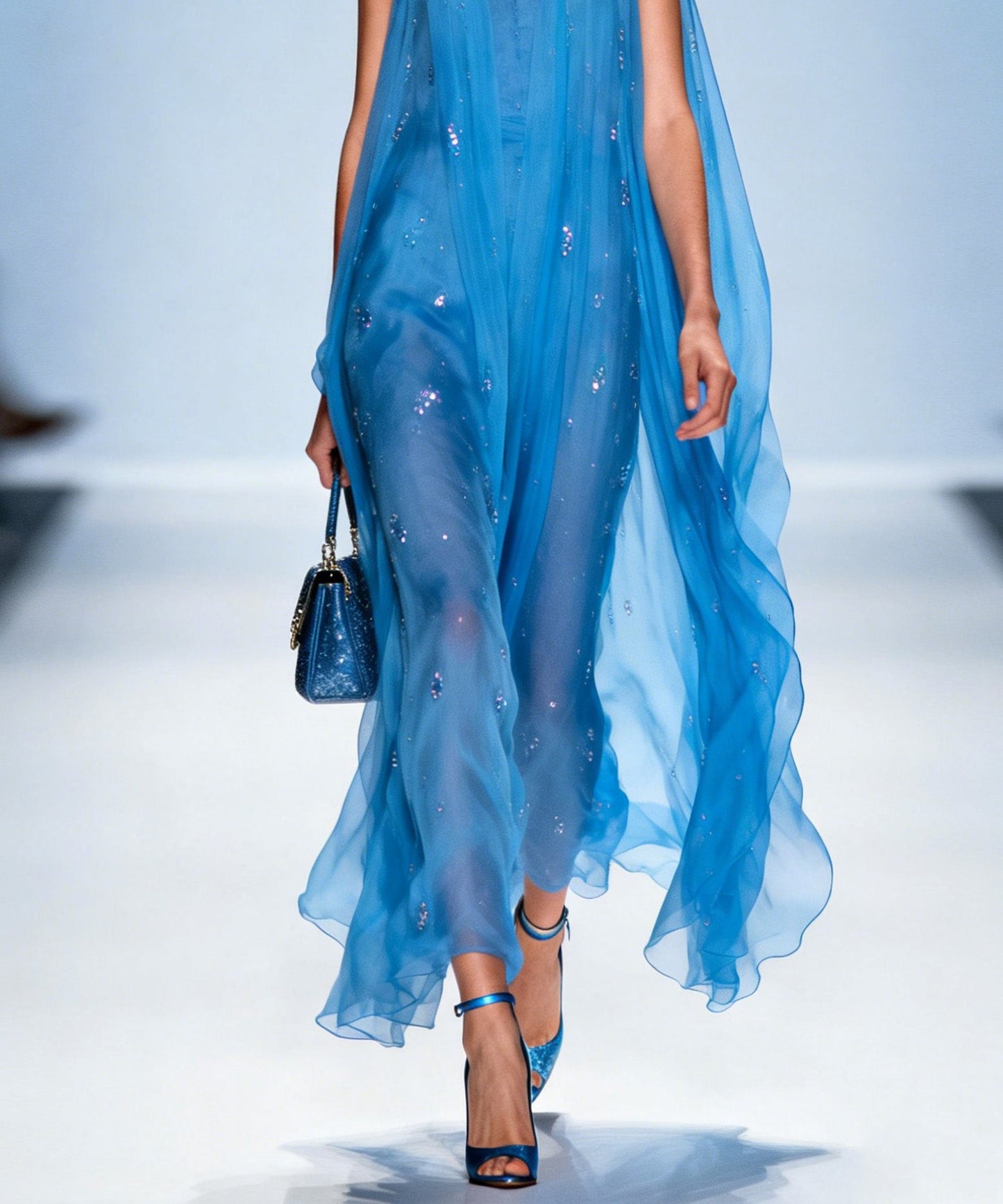 Blue V Neck Zircon Chiffon Dresses Sleeveless