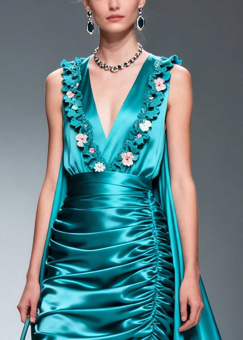 Blue Wrinkled Exra Large Hem Flower Silk Party Dresses Sleeveless