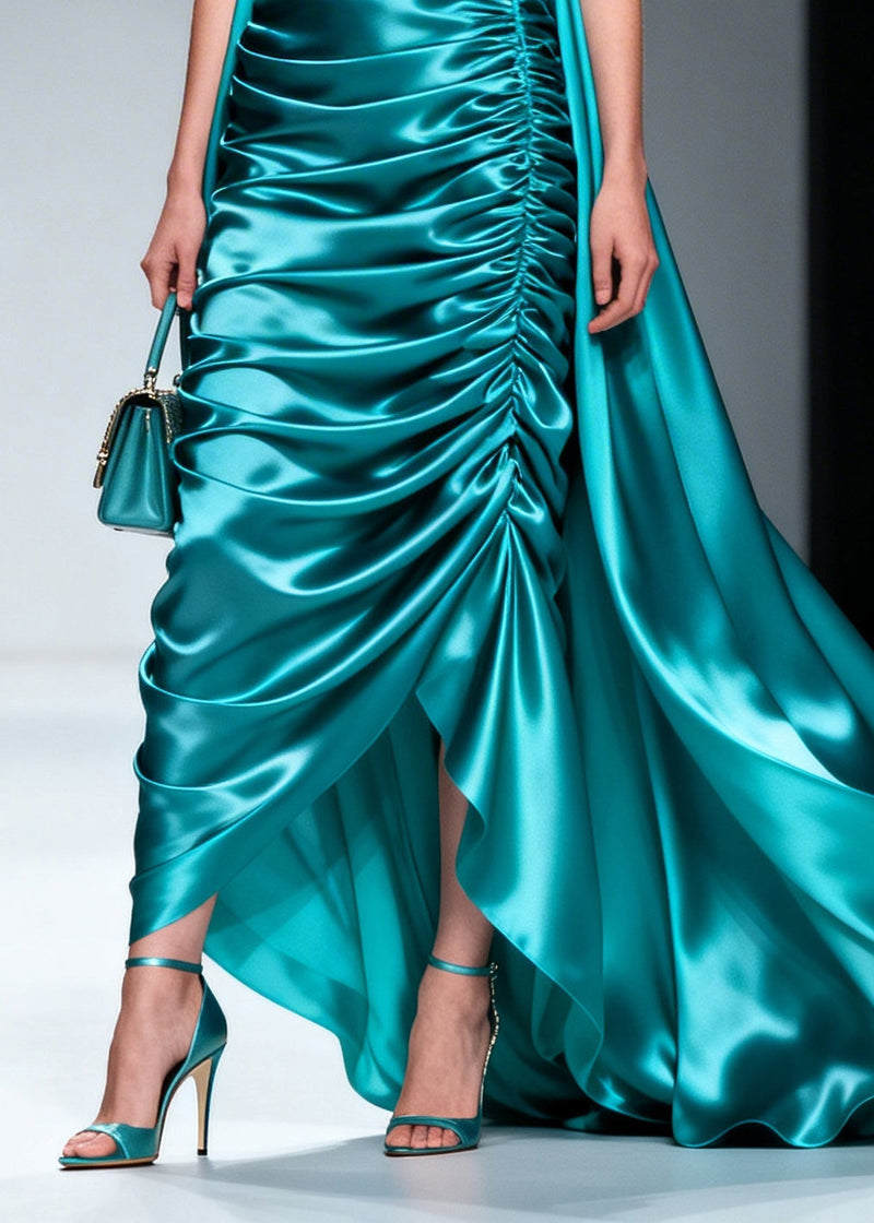 Blue Wrinkled Exra Large Hem Flower Silk Party Dresses Sleeveless