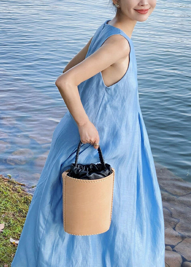 Blue Zip Up Cotton Maxi Dress Sleeveless