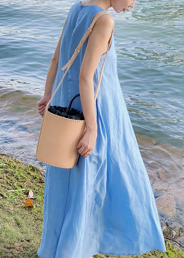 Blue Zip Up Cotton Maxi Dress Sleeveless