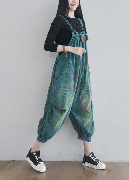 Blue Pockets Print Denim Jumpsuits Spring
