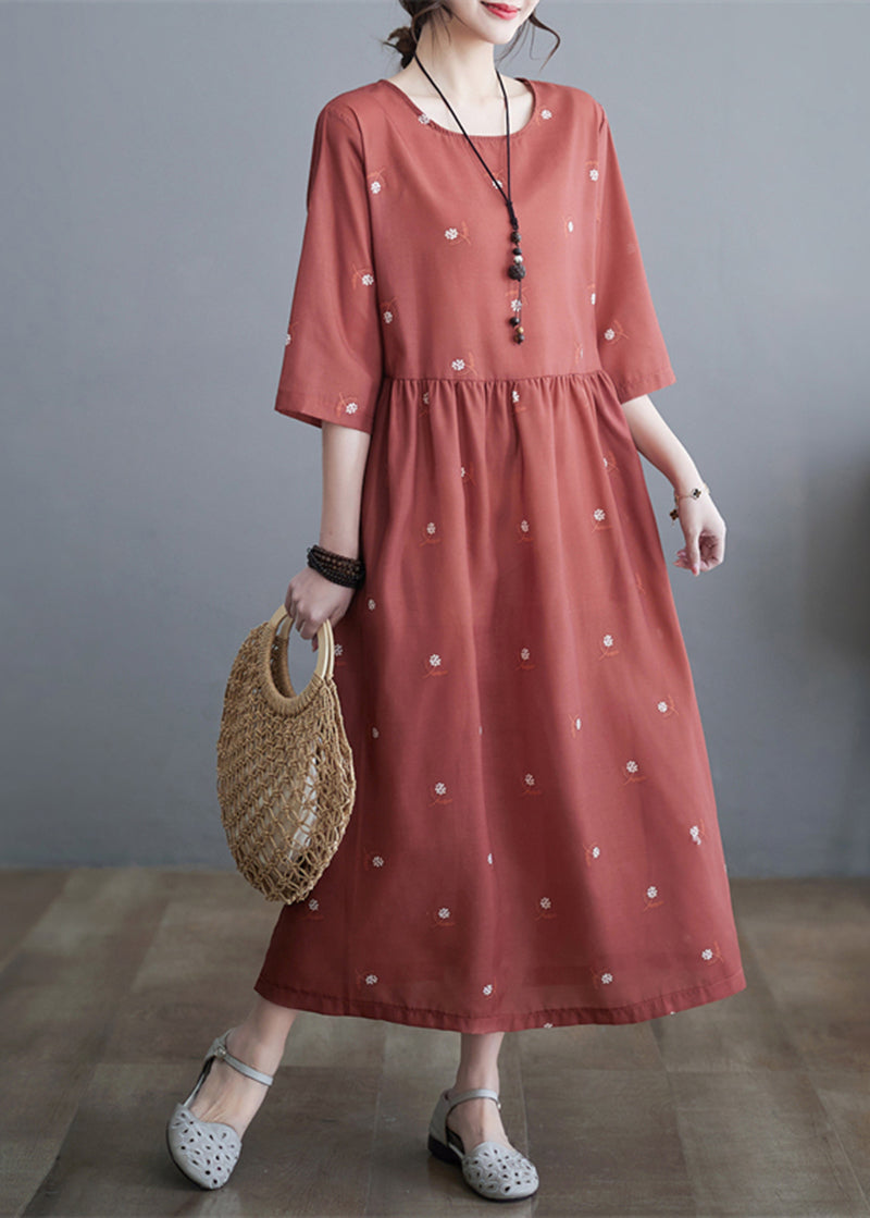 Brick Red Cinched Print Linen Dress Half Sleeve