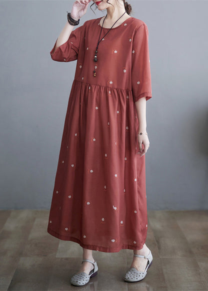 Brick Red Cinched Print Linen Dress Half Sleeve