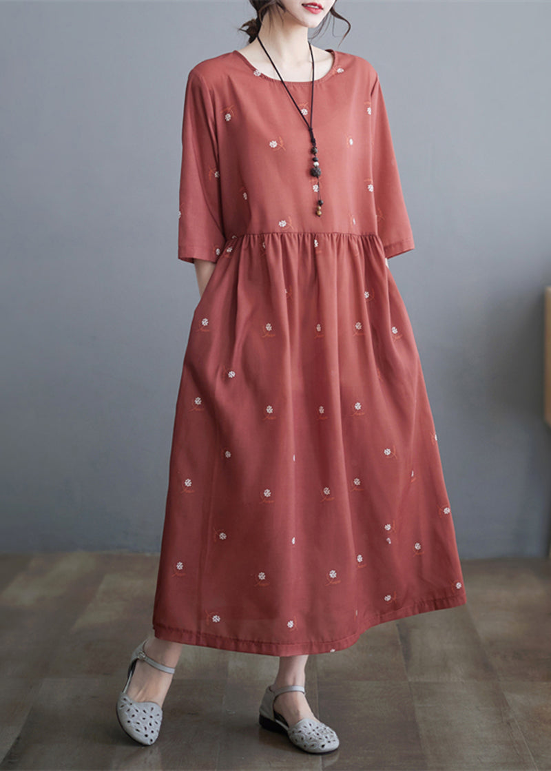 Brick Red Cinched Print Linen Dress Half Sleeve