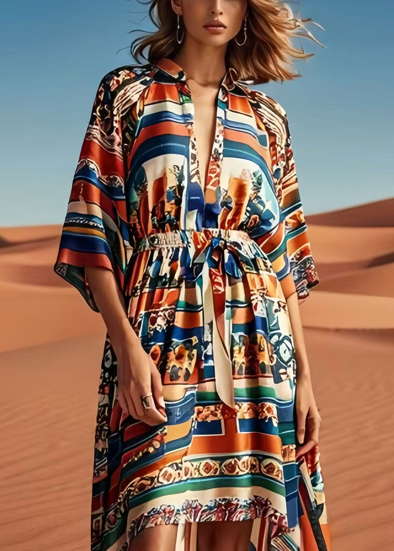 Brown Cinched Print Silk Beach Dress Summer