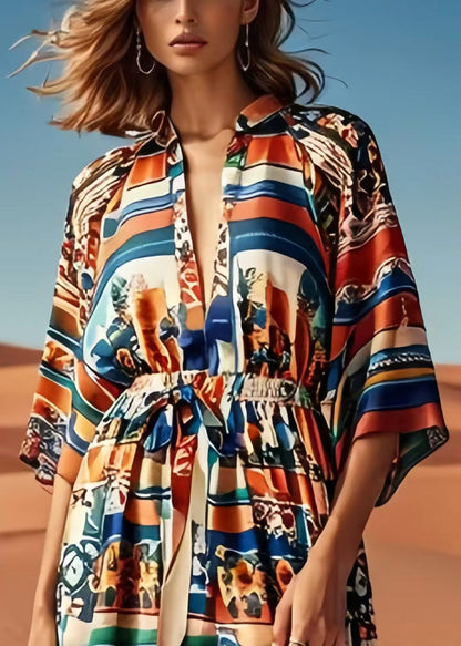 Brown Cinched Print Silk Beach Dress Summer