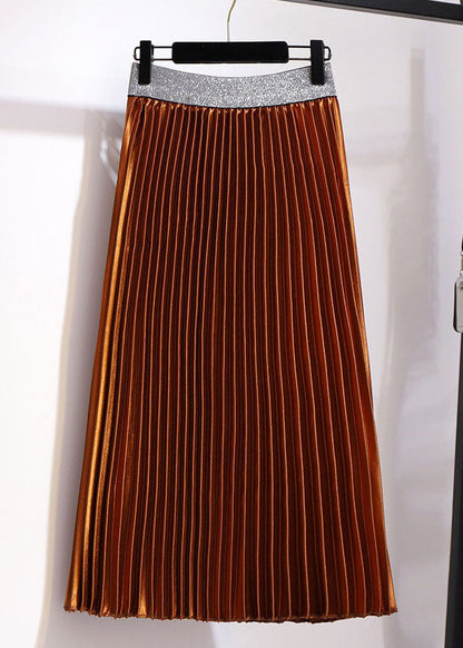 Brown Elastic Waist Patchwork Velour Pleated Skirt Fall