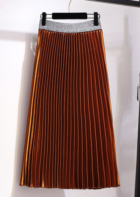 Brown Elastic Waist Patchwork Velour Pleated Skirt Fall