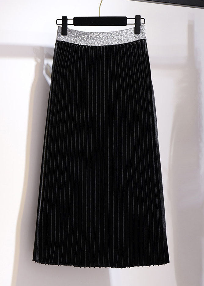 Brown Elastic Waist Patchwork Velour Pleated Skirt Fall
