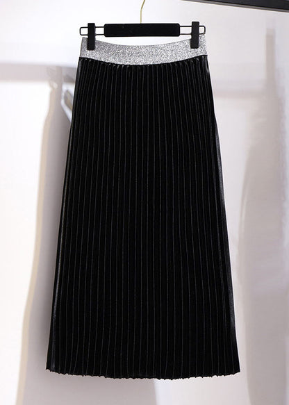 Brown Elastic Waist Patchwork Velour Pleated Skirt Fall