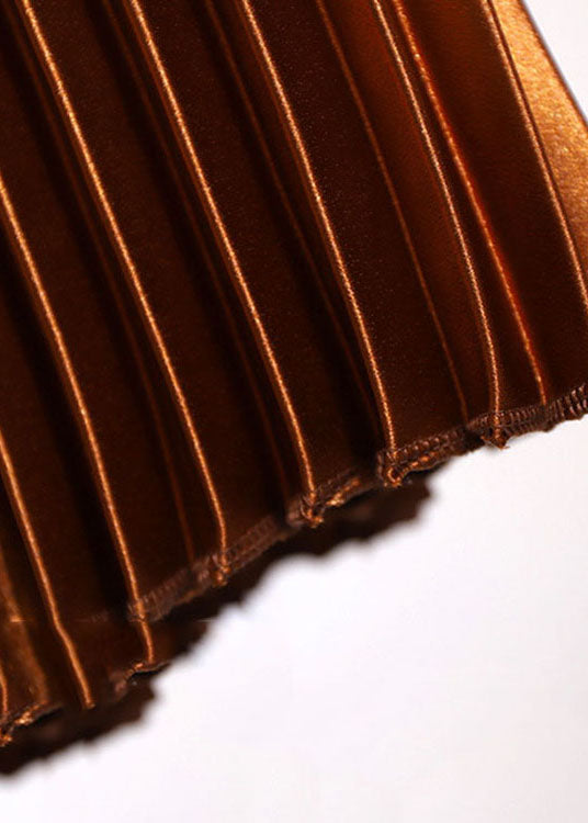 Brown Elastic Waist Patchwork Velour Pleated Skirt Fall
