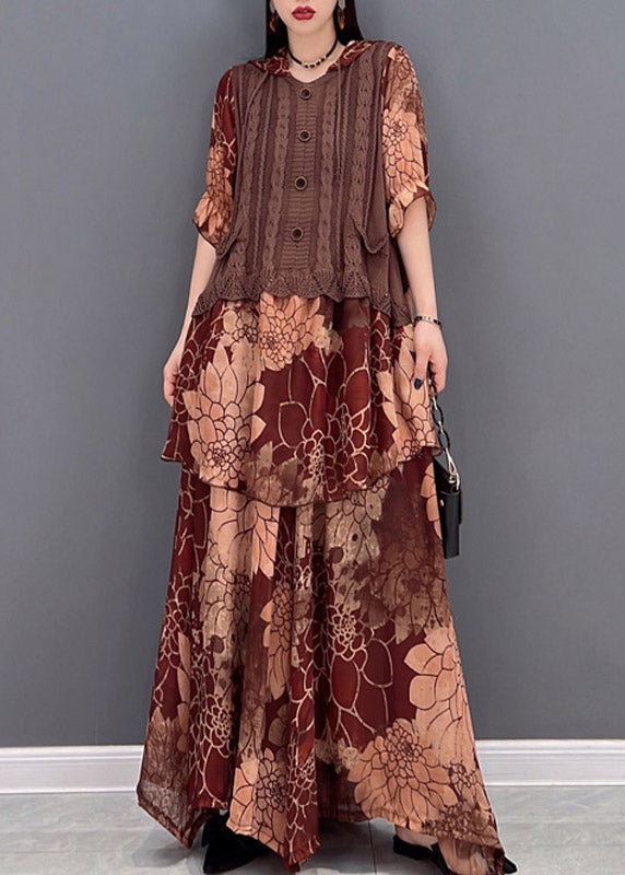 Brown Hooded Knit Patchwork Chiffon Tops and Wide Leg Pants Two Pieces Half Sleeve