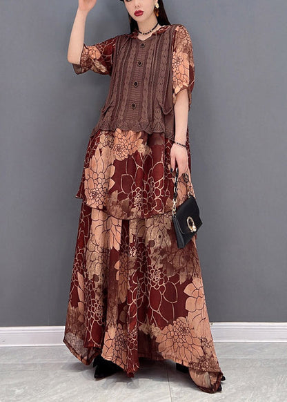 Brown Hooded Knit Patchwork Chiffon Tops and Wide Leg Pants Two Pieces Half Sleeve