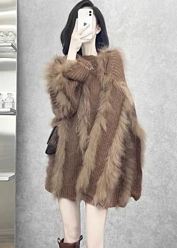 Brown O Neck Fox Hair Patchwork Knit Sweaters Winter