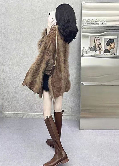 Brown O Neck Fox Hair Patchwork Knit Sweaters Winter
