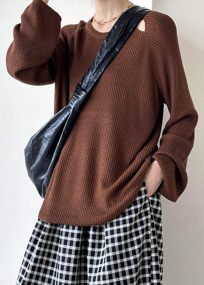 Brown O Neck Hollow Out Knit Sweaters Fall