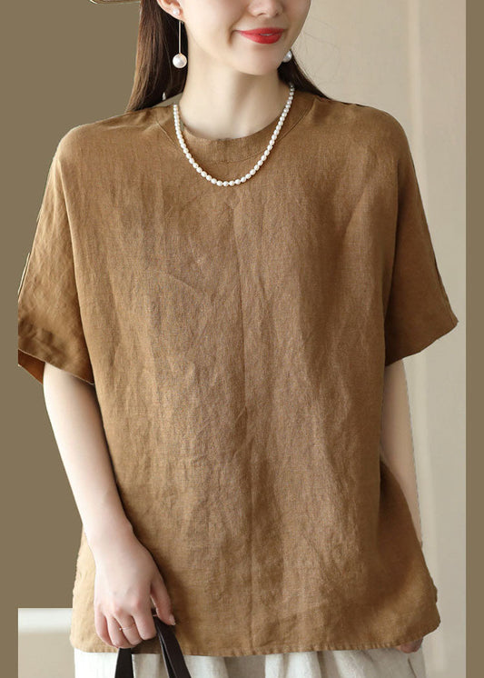 Brown O Neck Patchwork Linen T Shirt Top Summer