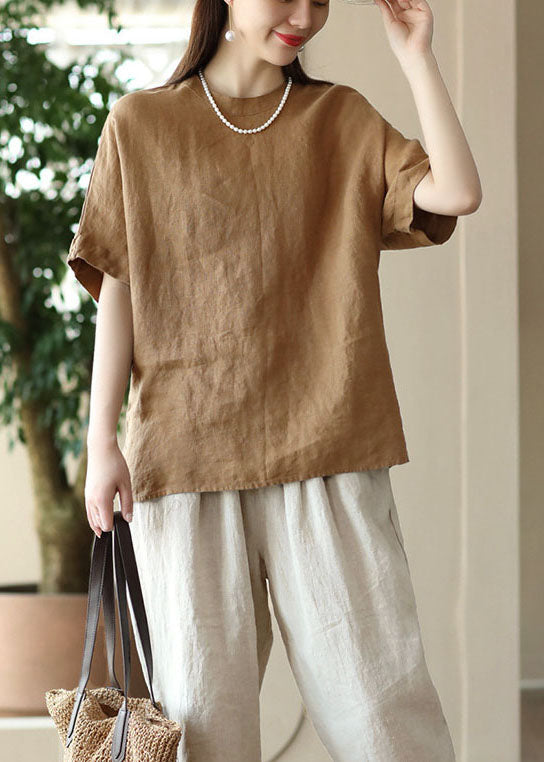 Brown O Neck Patchwork Linen T Shirt Top Summer